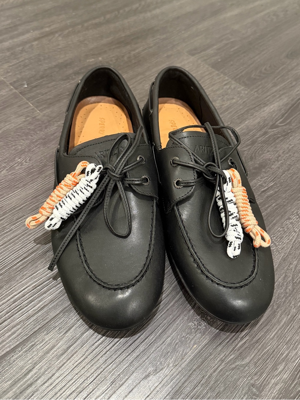 Aritzia Black Leather Boat Shoes with Patterned Accent Laces - NOT FOR SALe - Picture 4 of 8